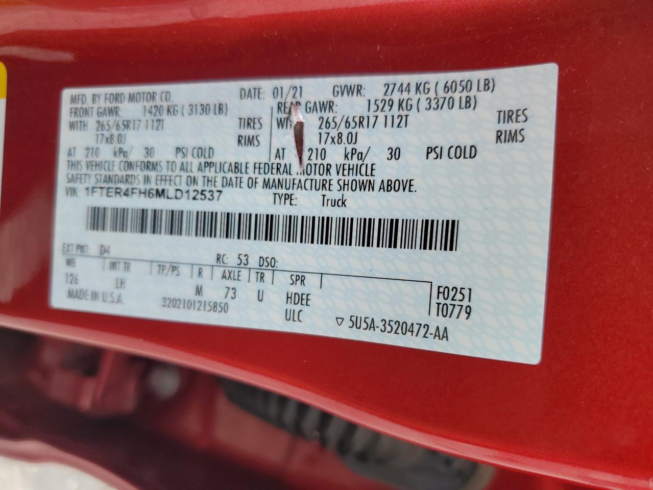 2021 Ford Ranger Xl VIN: 1FTER4FH6MLD12537 Lot: 85132535