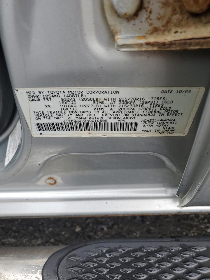 2004 Toyota Rav4 VIN: JTEHD20V340010599 Lot: 86646155