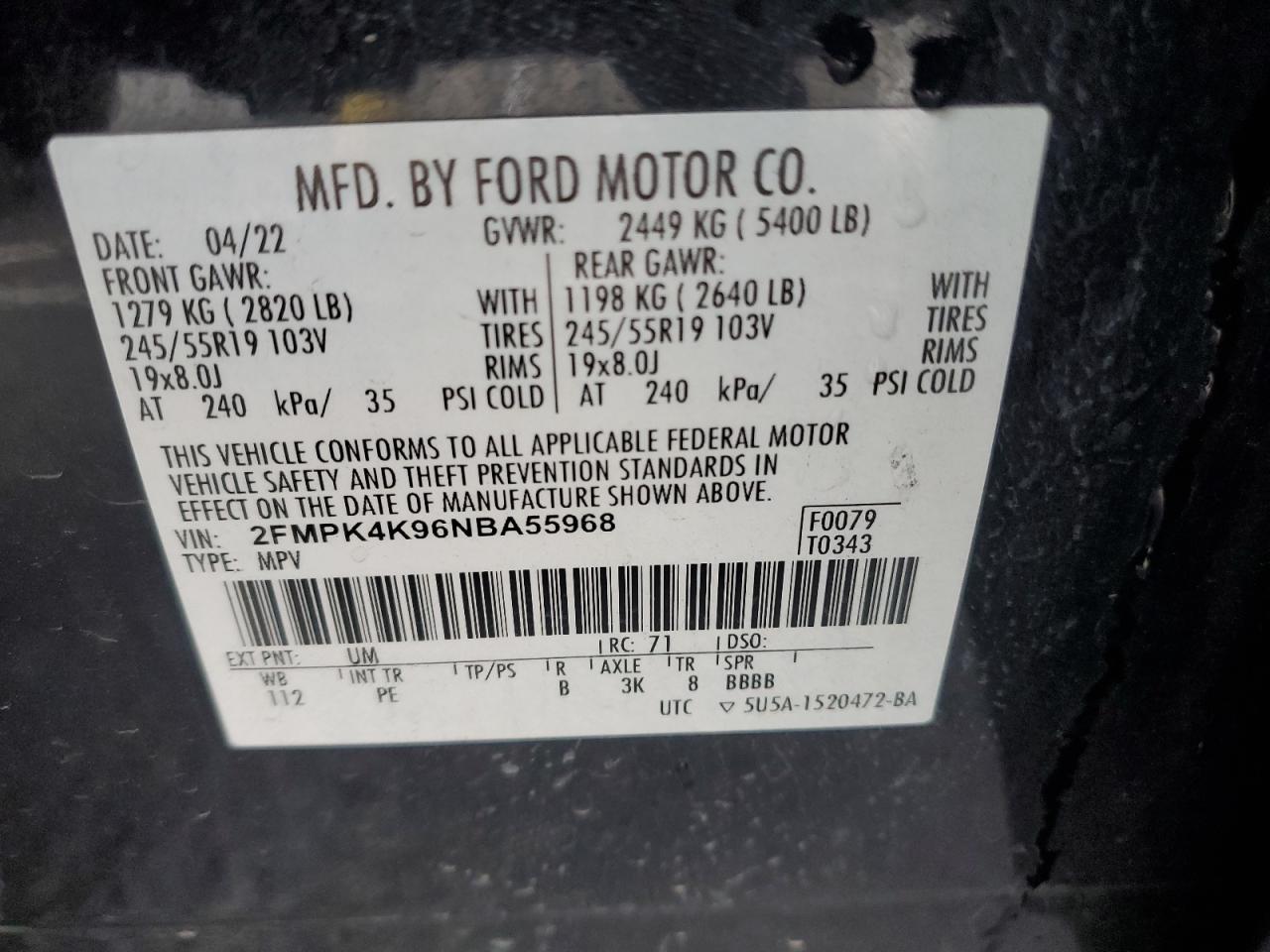 2022 Ford Edge Titanium VIN: 2FMPK4K96NBA55968 Lot: 86591465