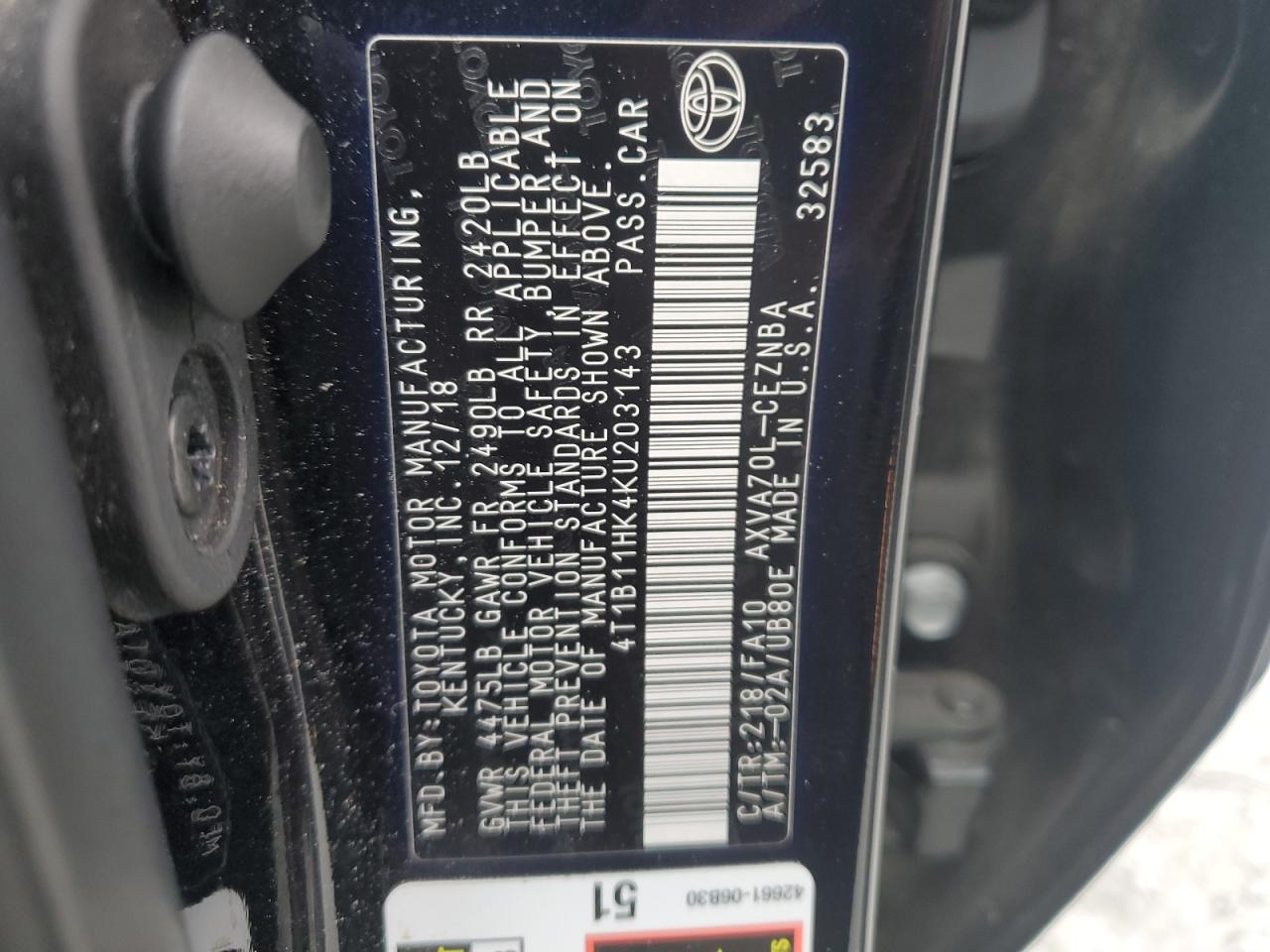 2019 Toyota Camry L VIN: 4T1B11HK4KU203143 Lot: 81706505