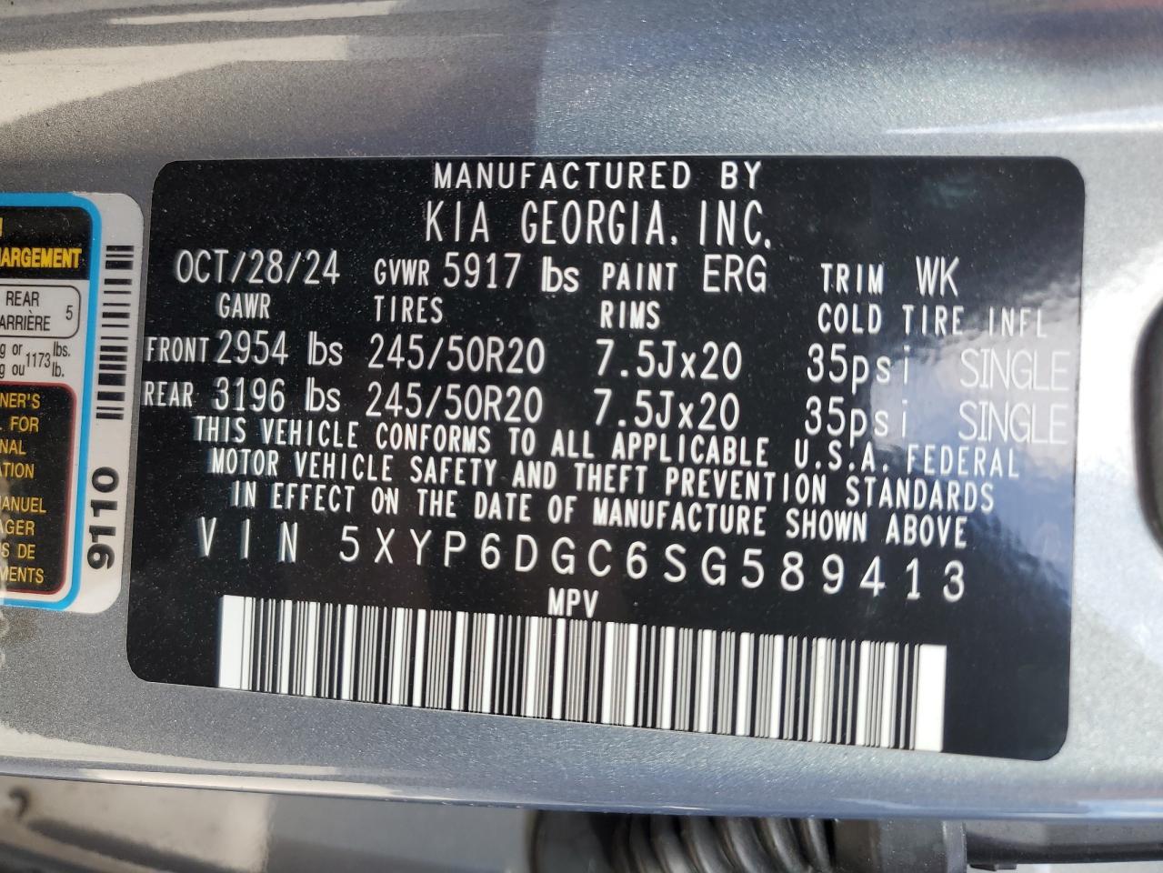 2025 Kia Telluride S VIN: 5XYP6DGC6SG589413 Lot: 86231665