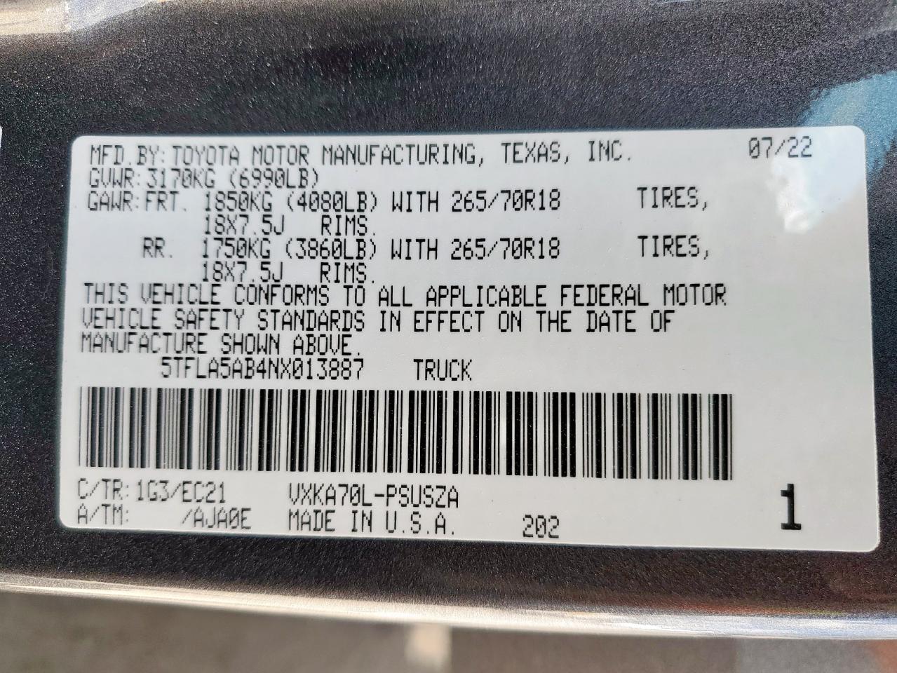 2022 Toyota Tundra Crewmax Sr VIN: 5TFLA5AB4NX013887 Lot: 84706575