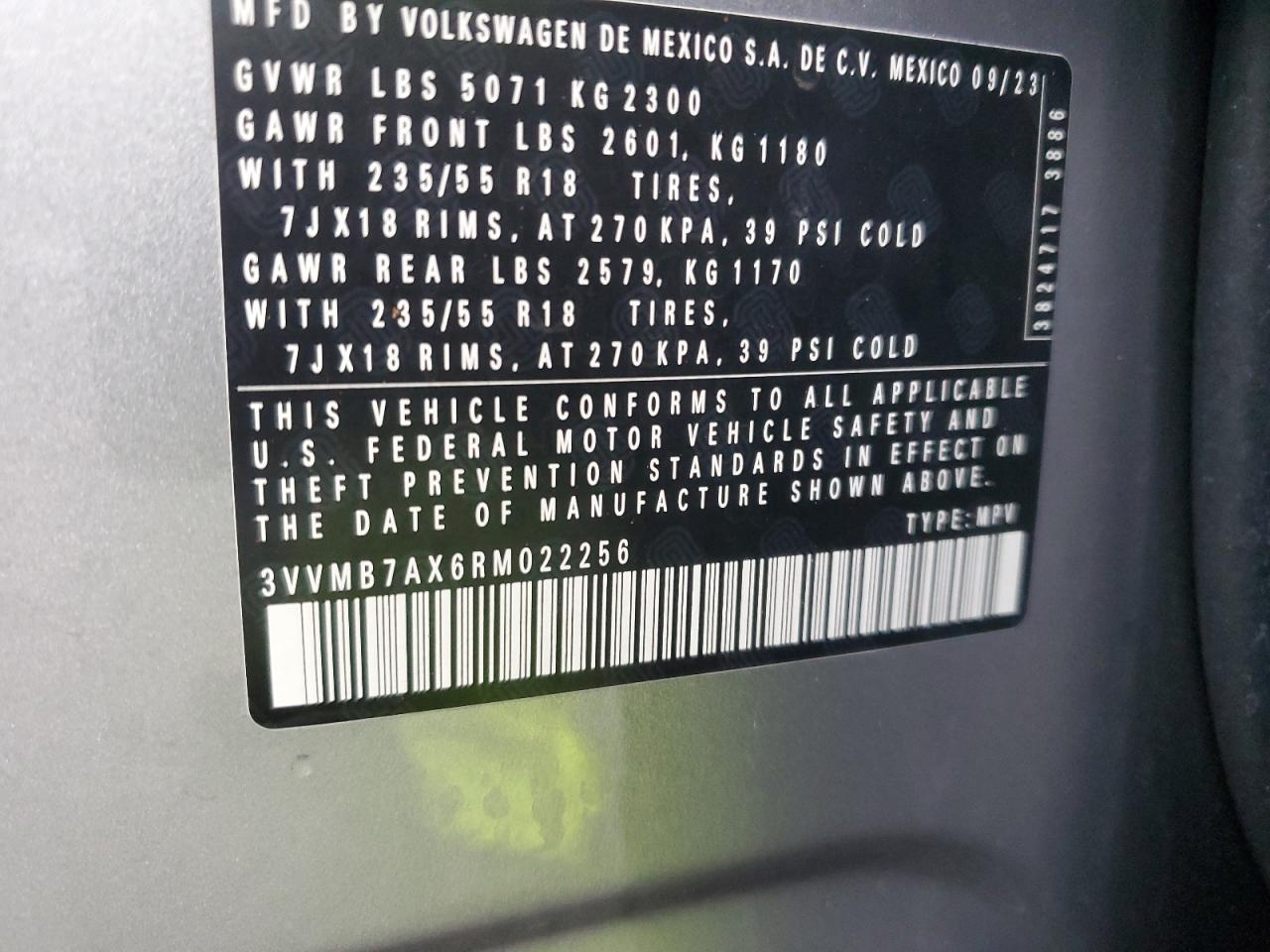 2024 Volkswagen Tiguan Se VIN: 3VVMB7AX6RM022256 Lot: 90414745