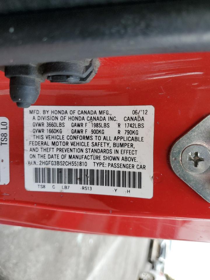 2012 Honda Civic Lx VIN: 2HGFG3B52CH551810 Lot: 82436885