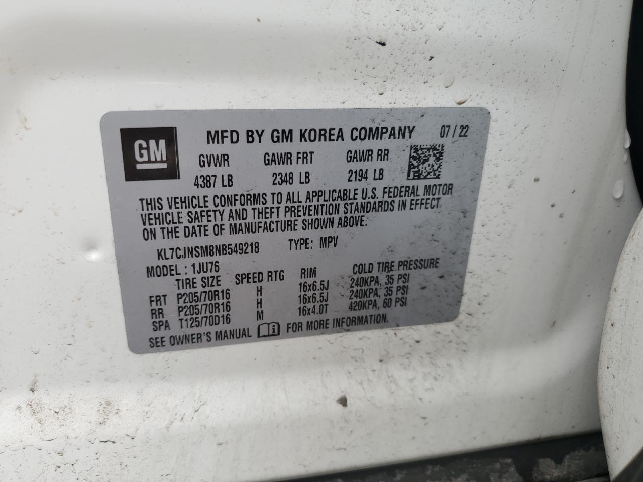 2022 Chevrolet Trax Ls VIN: KL7CJNSM8NB549218 Lot: 81997005