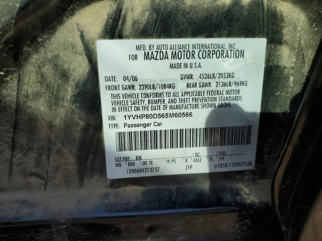 2006 Mazda 6 S VIN: 1YVHP80D565M60566 Lot: 85823215