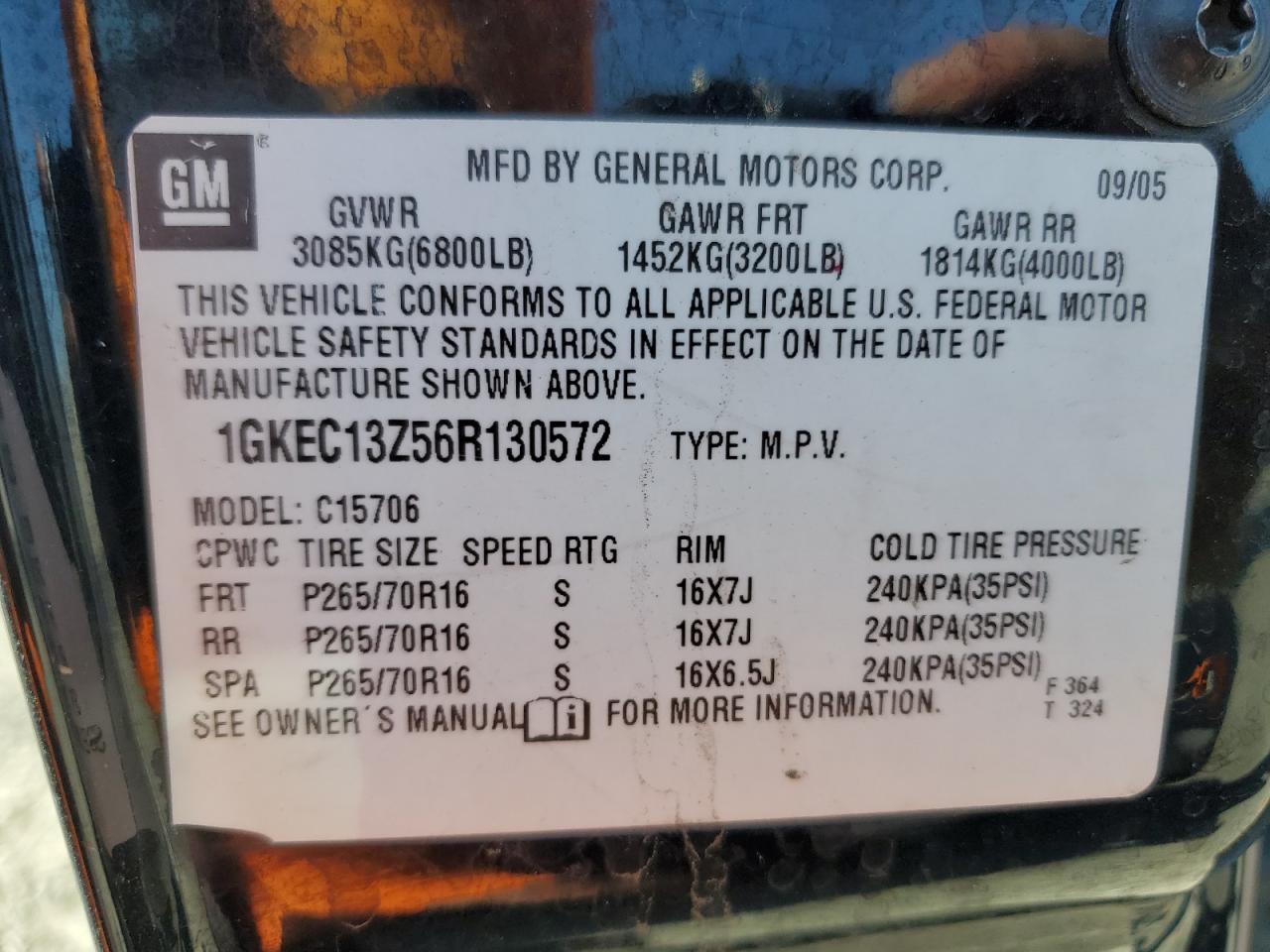 2006 GMC Yukon VIN: 1GKEC13Z56R130572 Lot: 85934885