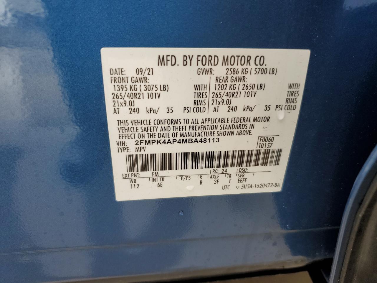 2021 Ford Edge St VIN: 2FMPK4AP4MBA48113 Lot: 82333195