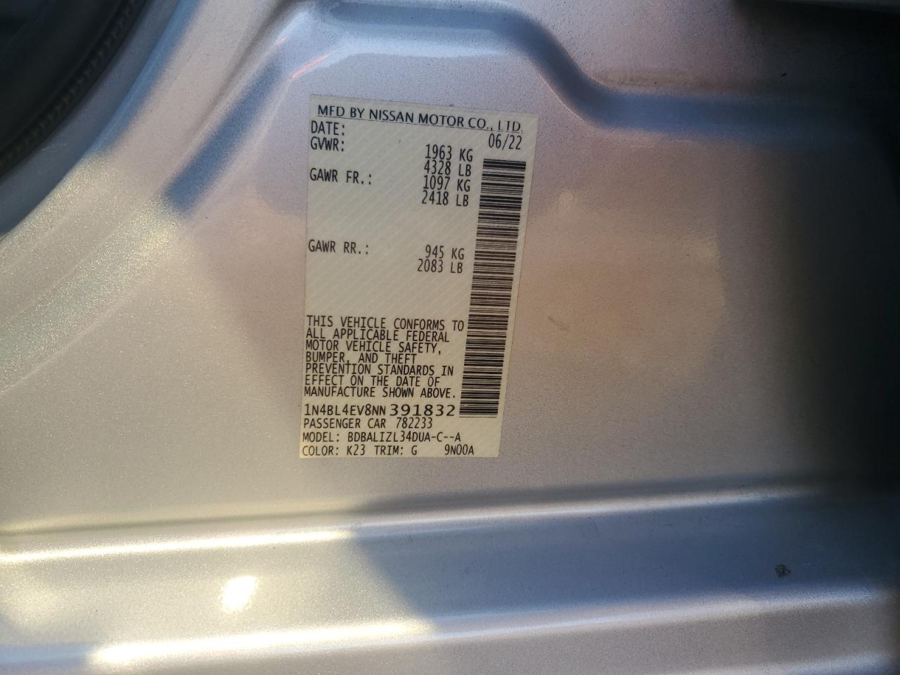 2022 Nissan Altima Sl VIN: 1N4BL4EV8NN391832 Lot: 86219585