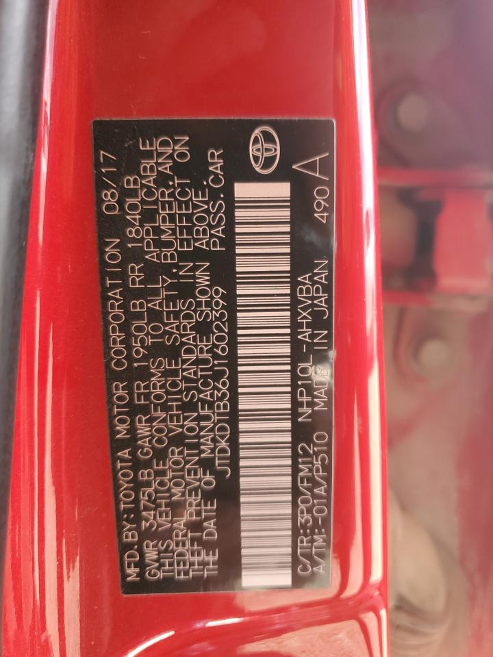 2018 Toyota Prius C VIN: JTDKDTB36J1602399 Lot: 89882375