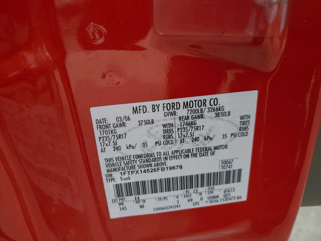 2006 Ford F150 VIN: 1FTPX14526FB19678 Lot: 85912625