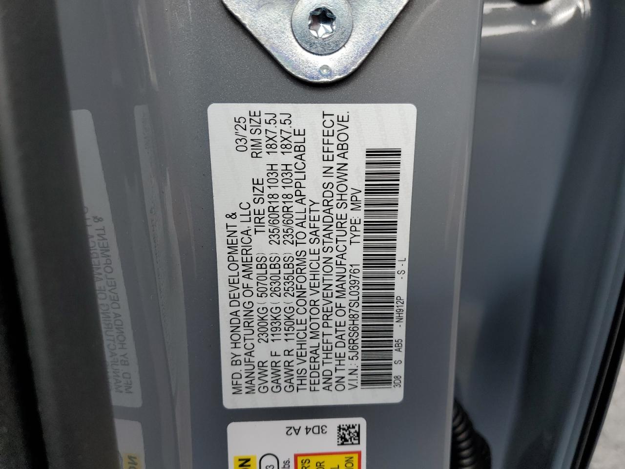 2025 Honda Cr-V Sport-L VIN: 5J6RS6H87SL039761 Lot: 86510105