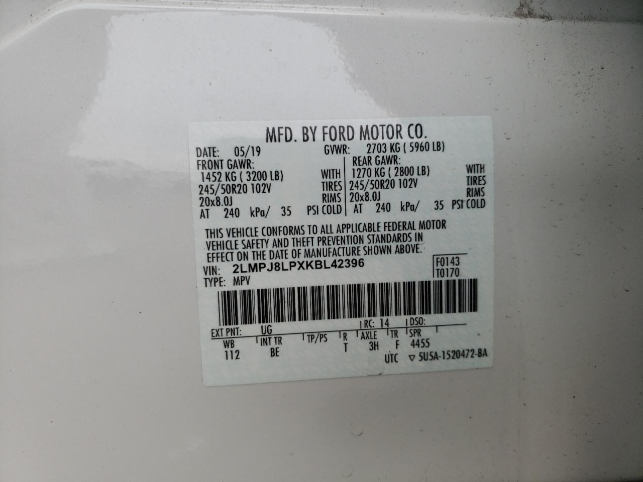 2019 Lincoln Nautilus Reserve VIN: 2LMPJ8LPXKBL42396 Lot: 85393205