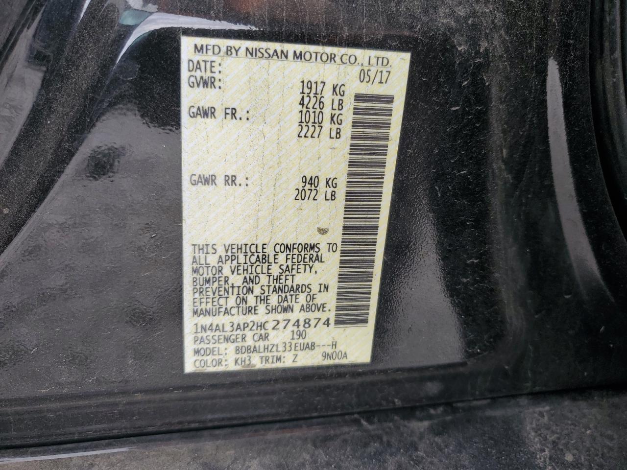 2017 Nissan Altima 2.5 VIN: 1N4AL3AP2HC274874 Lot: 84291825