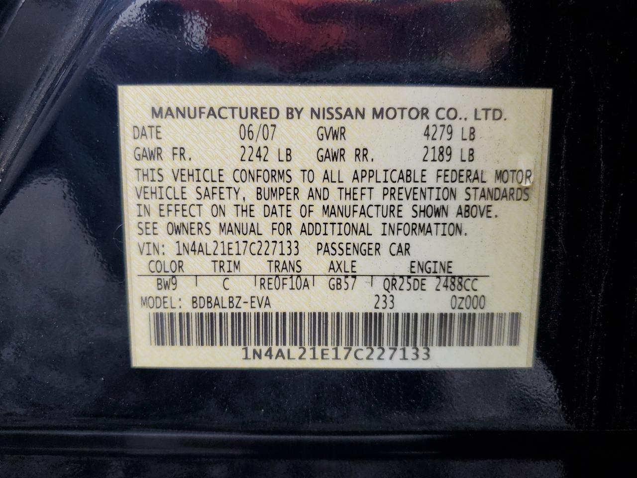 2007 Nissan Altima 2.5 VIN: 1N4AL21E17C227133 Lot: 85646455