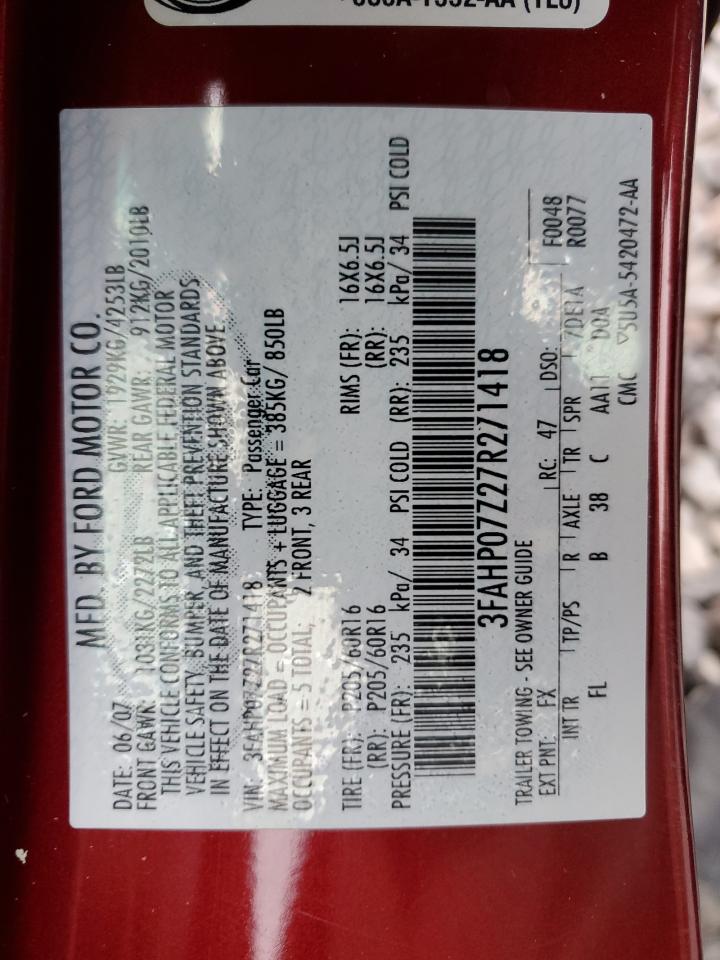2007 Ford Fusion Se VIN: 3FAHP07Z27R271418 Lot: 86325845