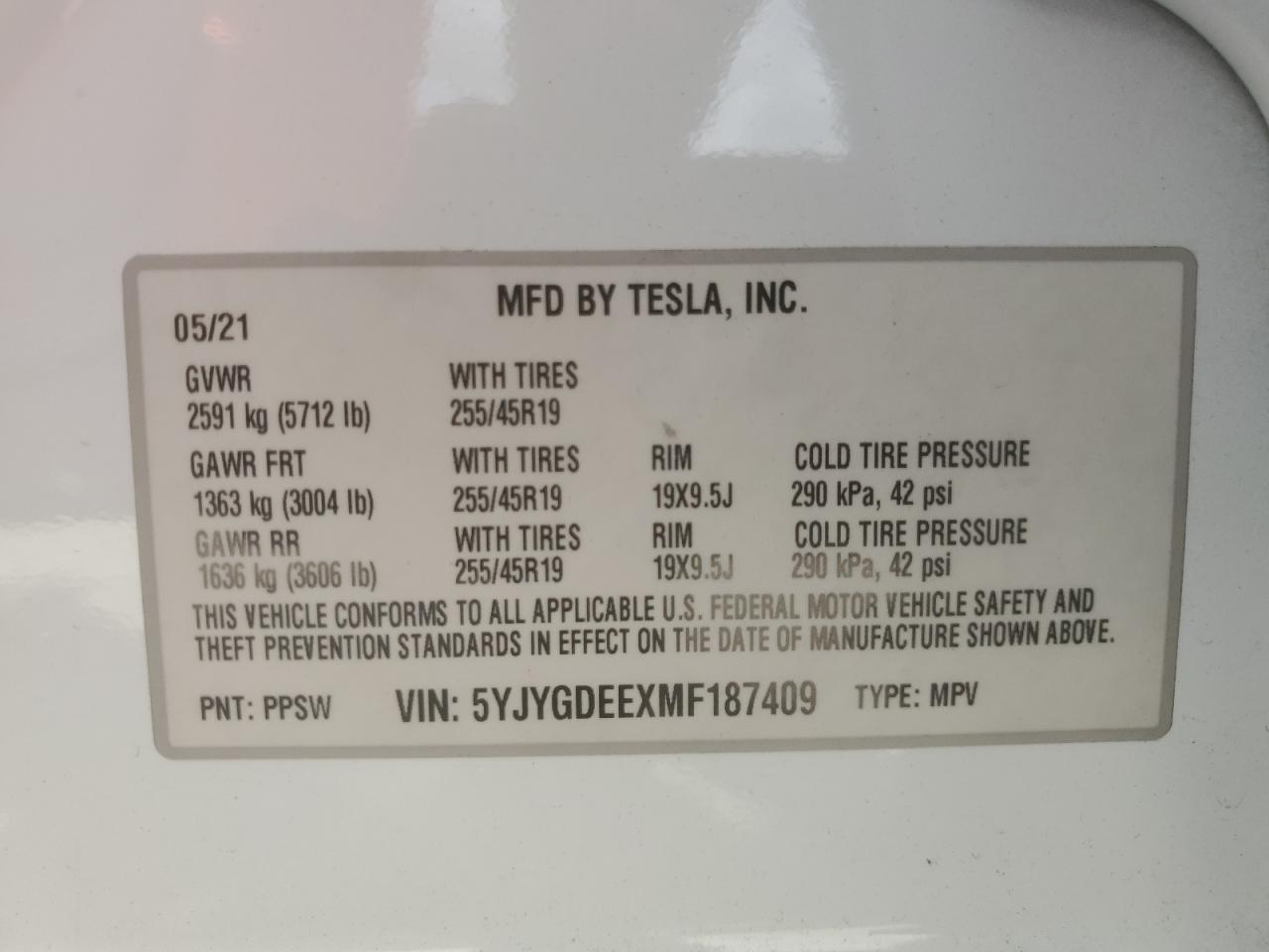 2021 Tesla Model Y VIN: 5YJYGDEEXMF187409 Lot: 84808365