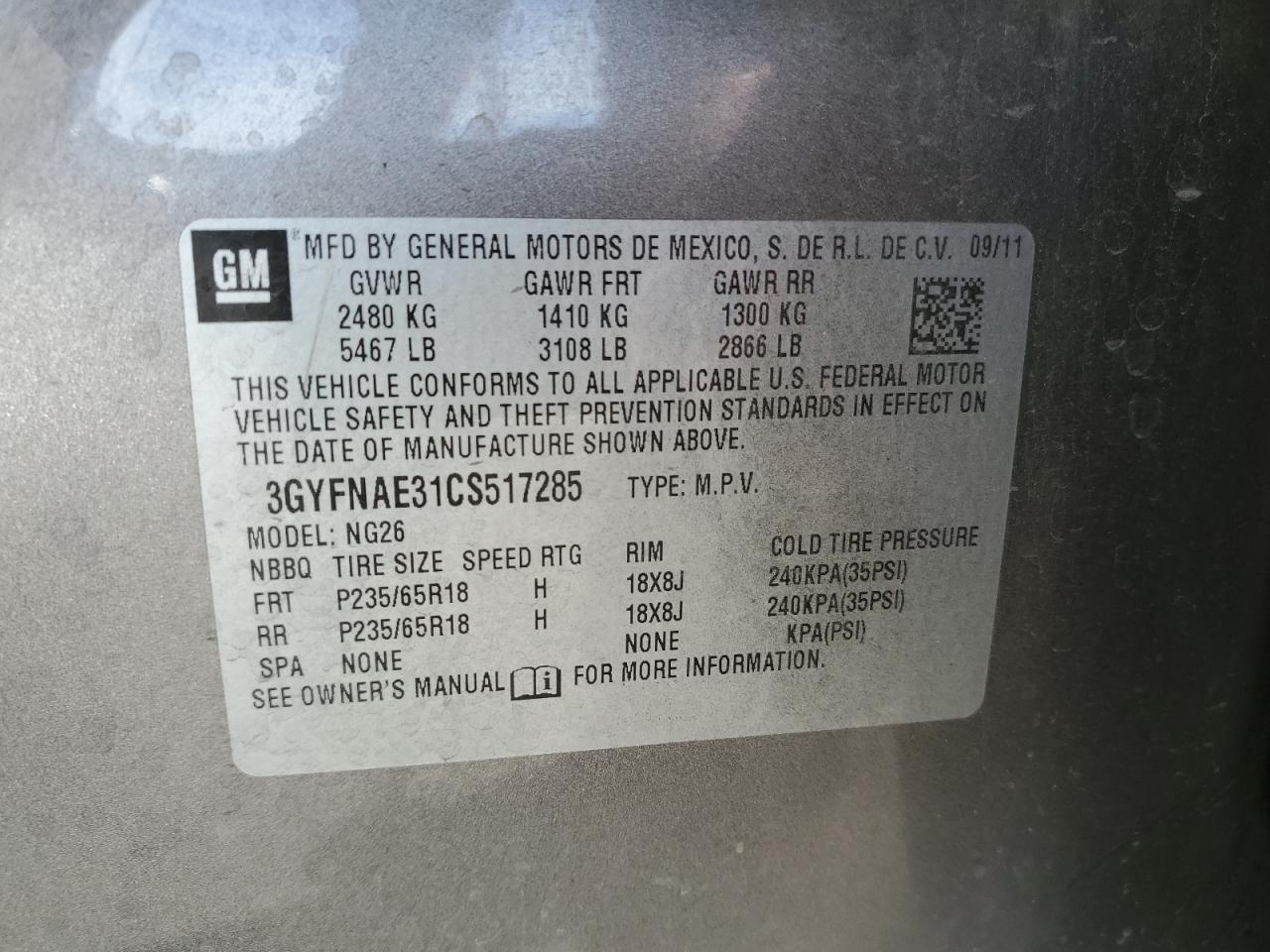 2012 Cadillac Srx Luxury Collection VIN: 3GYFNAE31CS517285 Lot: 90656055