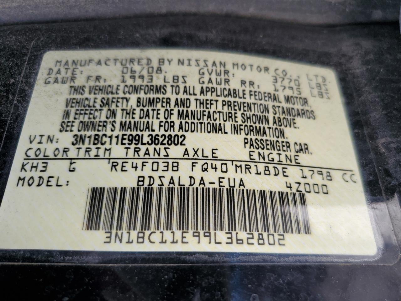 2009 Nissan Versa S VIN: 3N1BC11E99L362802 Lot: 82503095