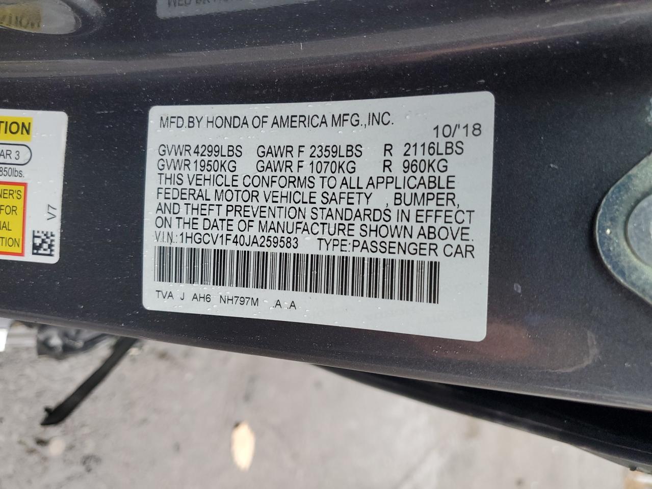 2018 Honda Accord Ex VIN: 1HGCV1F40JA259583 Lot: 86244485