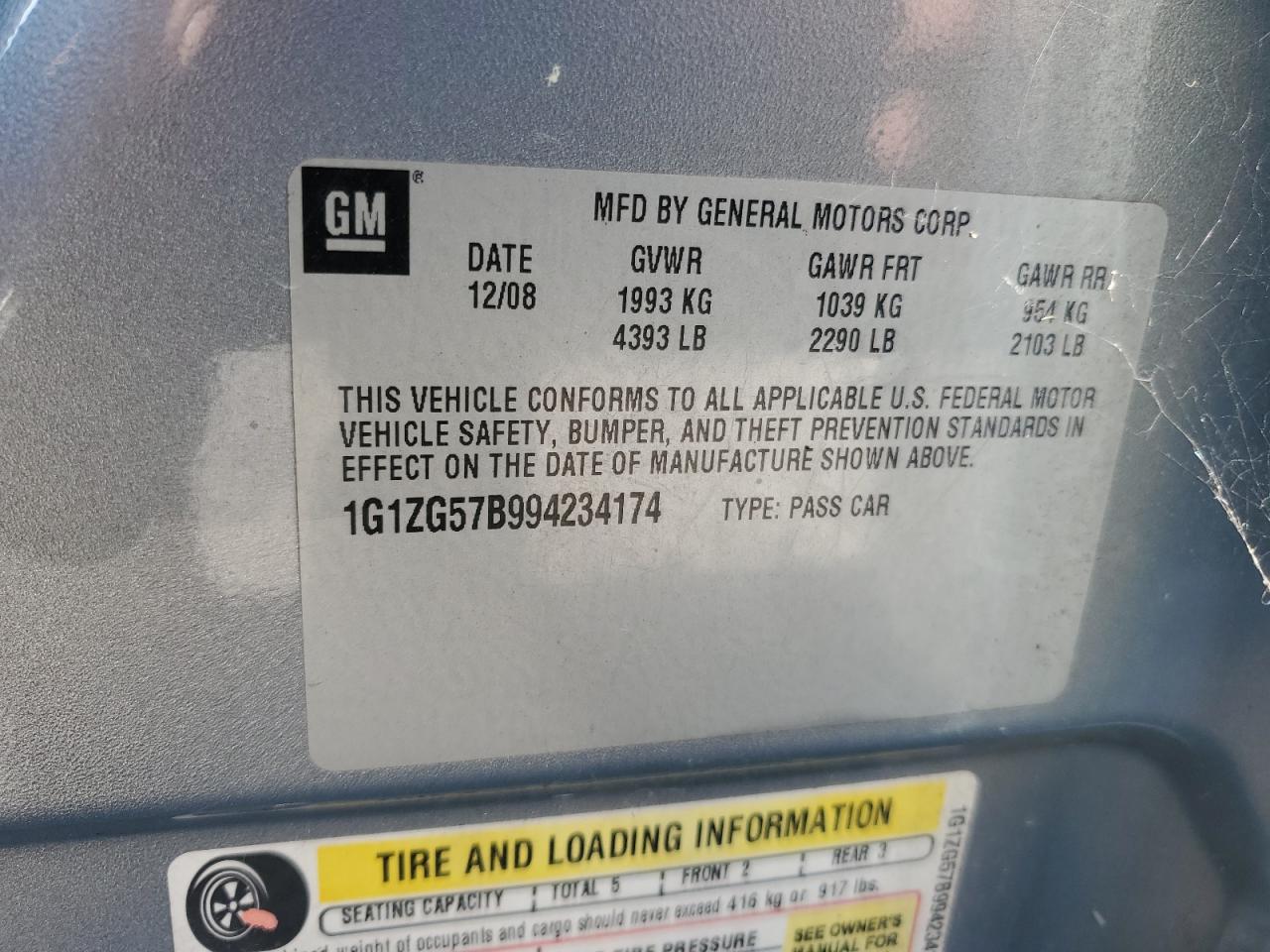 2009 Chevrolet Malibu Ls VIN: 1G1ZG57B994234174 Lot: 86084055