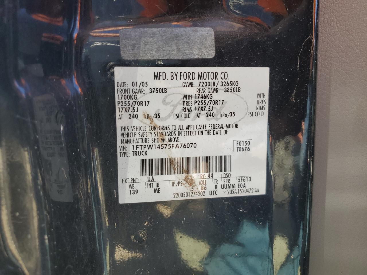 2005 Ford F150 Supercrew VIN: 1FTPW14575FA76070 Lot: 90621825