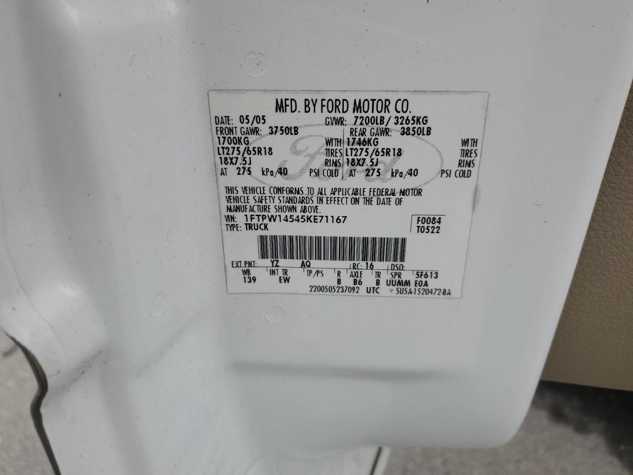 2005 Ford F150 Supercrew VIN: 1FTPW14545KE71167 Lot: 87249405