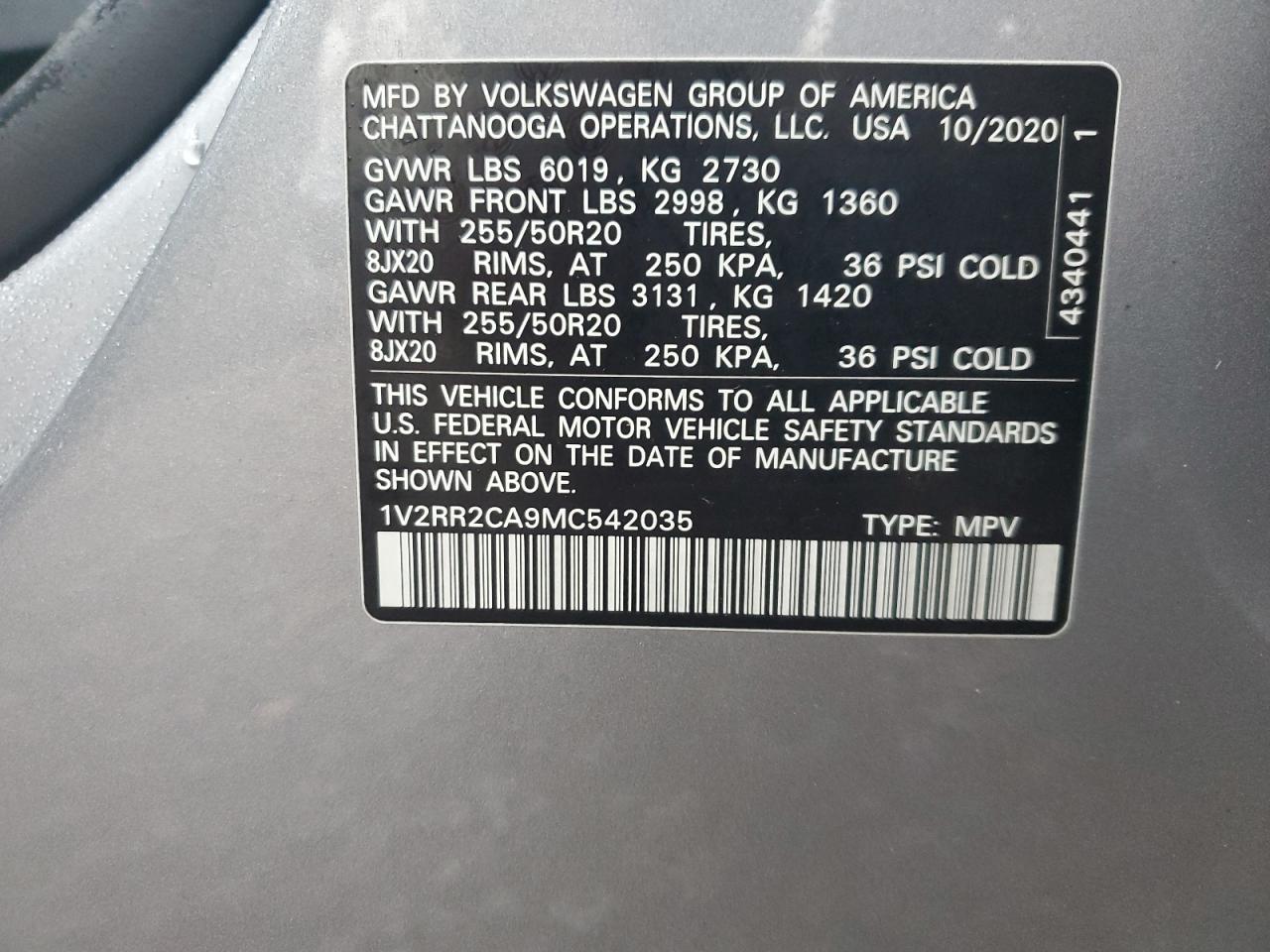 2021 Volkswagen Atlas Se VIN: 1V2RR2CA9MC542035 Lot: 84894935