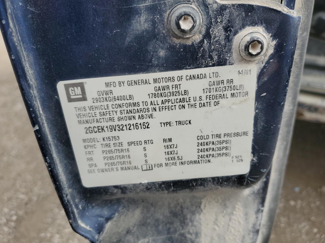 2002 Chevrolet Silverado K1500 VIN: 2GCEK19V321216162 Lot: 84807685