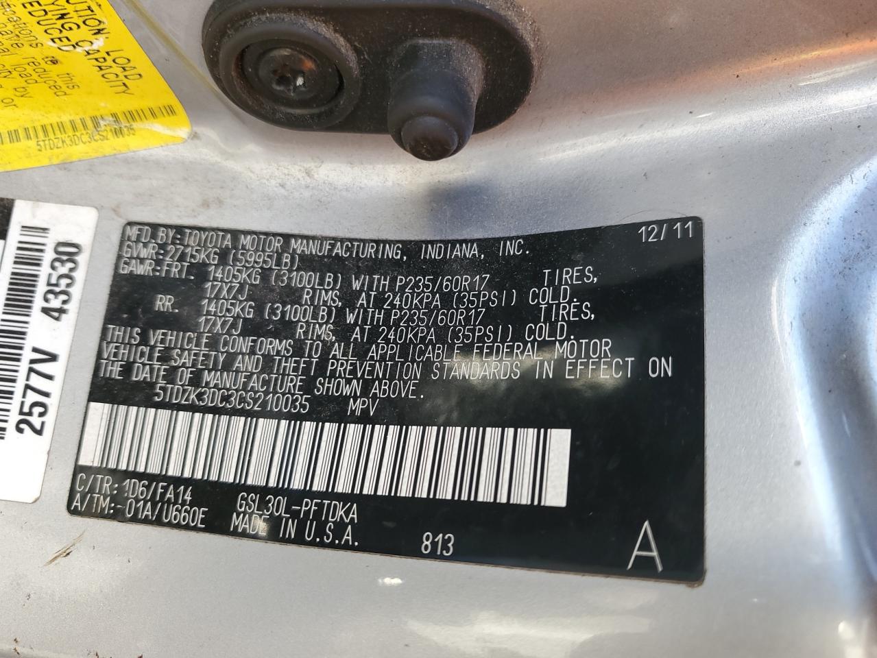 2012 Toyota Sienna VIN: 5TDZK3DC3CS210035 Lot: 83798255