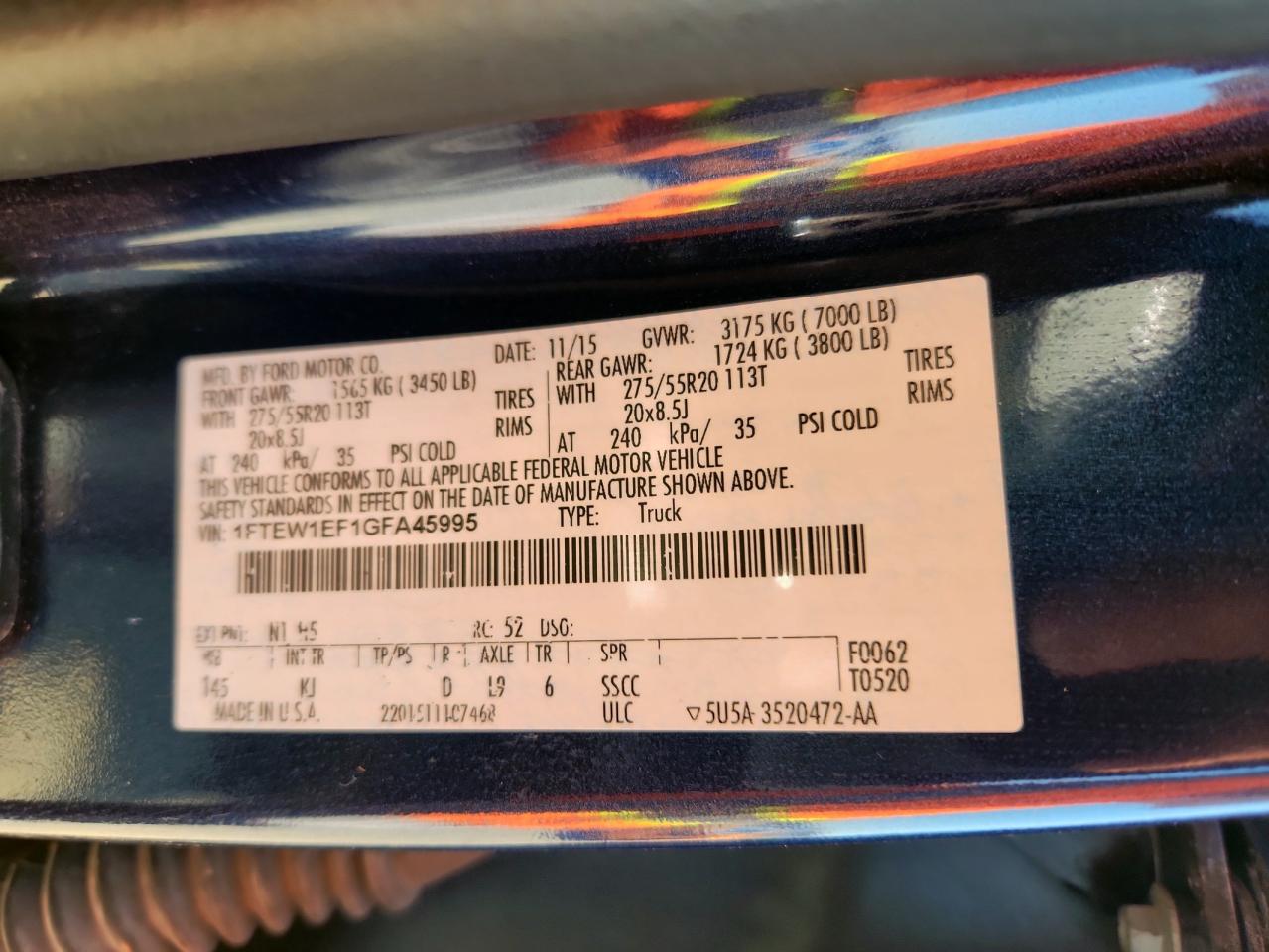 2016 Ford F150 Supercrew VIN: 1FTEW1EF1GFA45995 Lot: 85916795