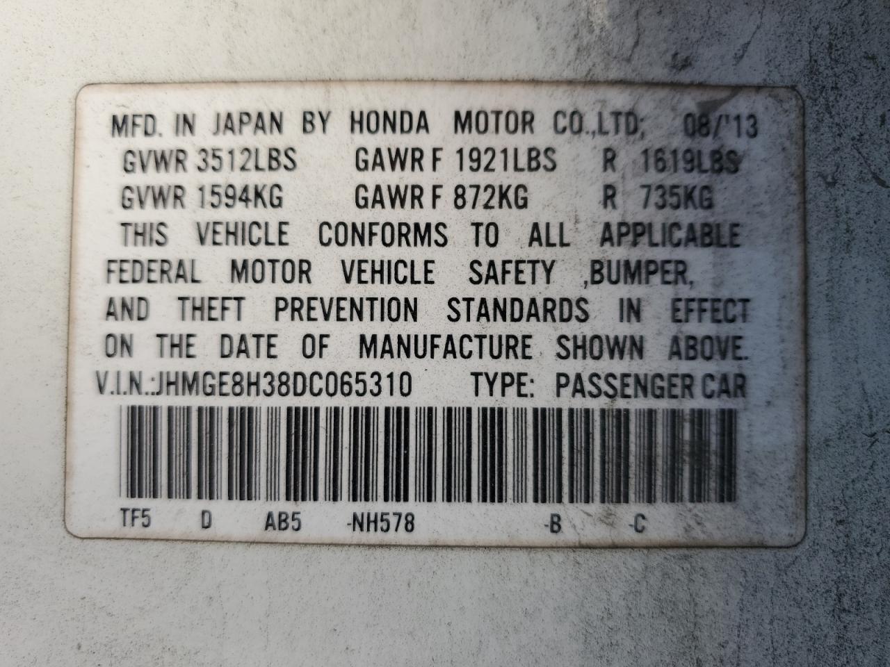 2013 Honda Fit VIN: JHMGE8H38DC065310 Lot: 86436695