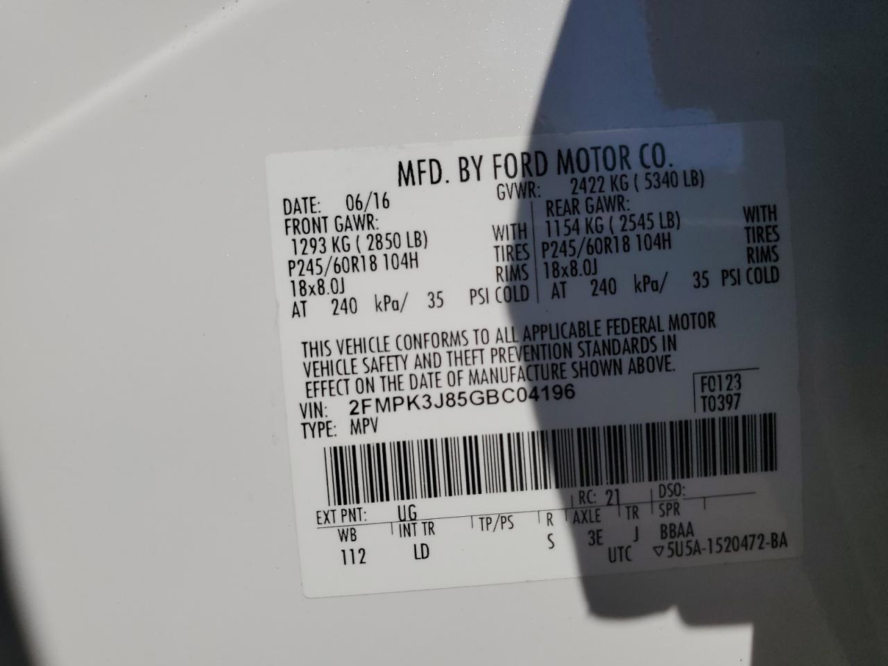 2016 Ford Edge Sel VIN: 2FMPK3J85GBC04196 Lot: 84549935