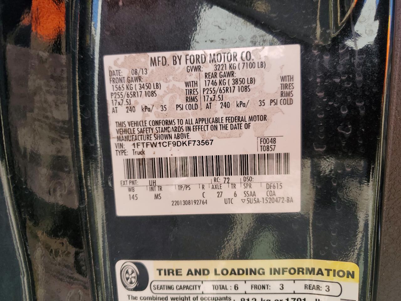 2013 Ford F150 Supercrew VIN: 1FTFW1CF9DKF73567 Lot: 89708165