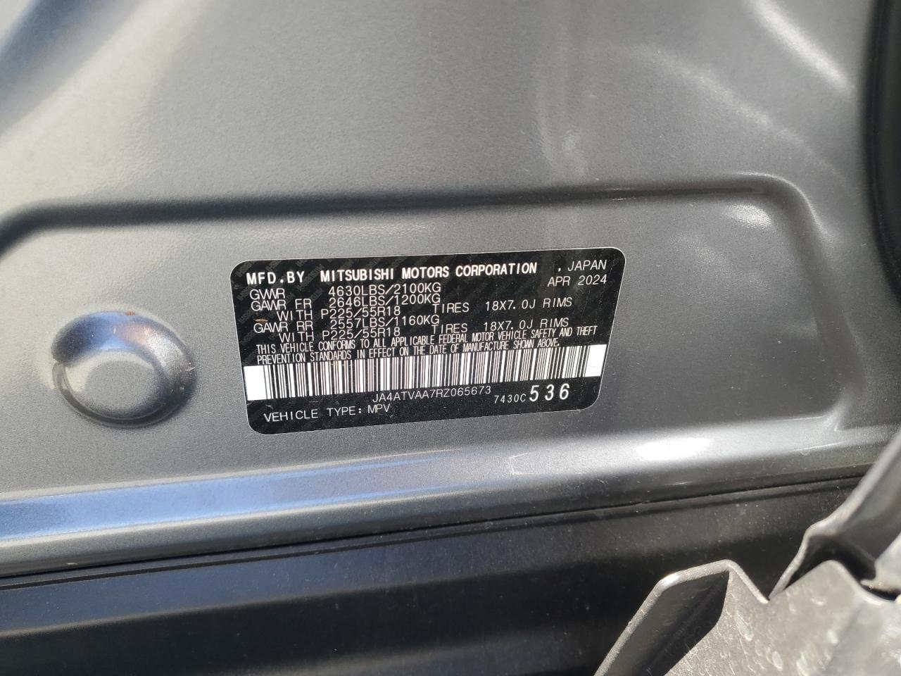 2024 Mitsubishi Eclipse Cross Le VIN: JA4ATVAA7RZ065673 Lot: 82464625