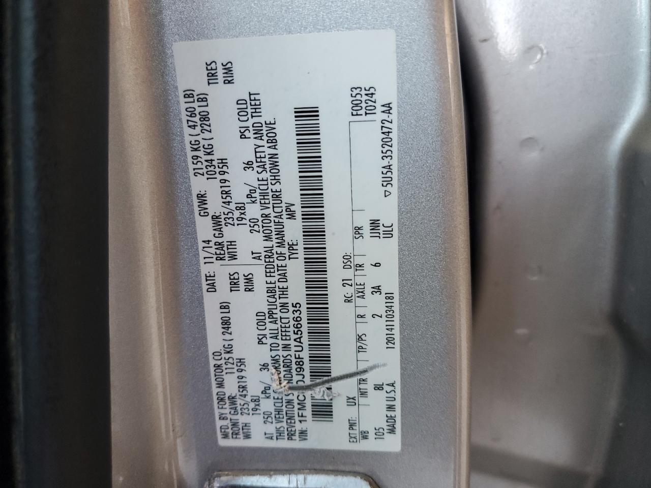 2015 Ford Escape Titanium VIN: 1FMCU0J98FUA56635 Lot: 85939155