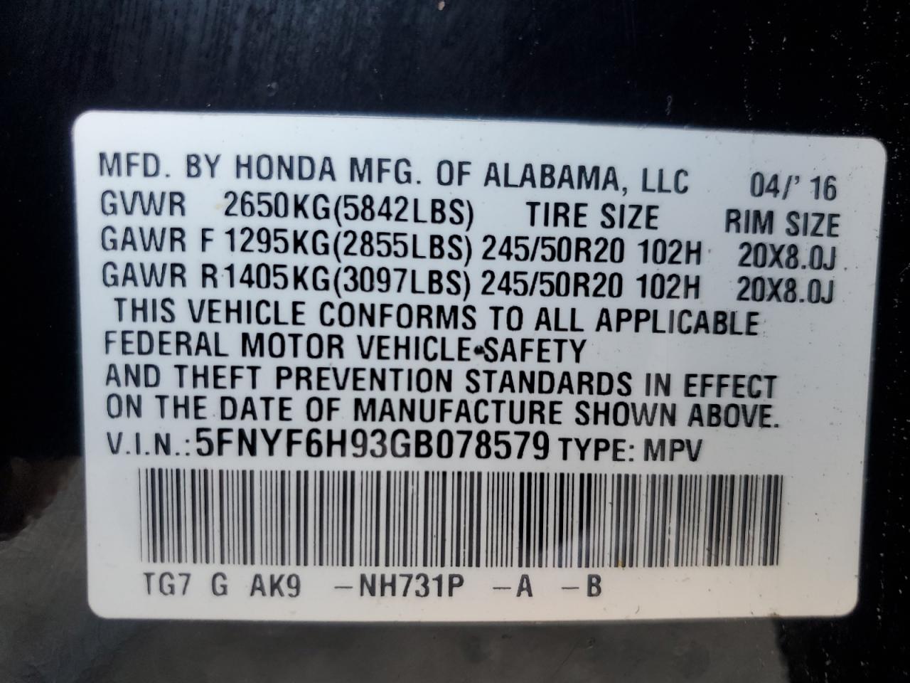 2016 Honda Pilot Touring VIN: 5FNYF6H93GB078579 Lot: 85550525