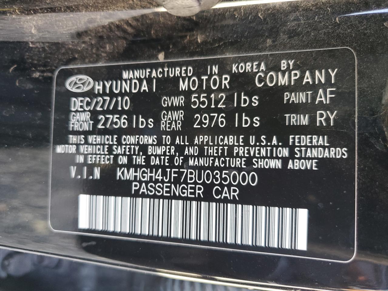 2011 Hyundai Equus Signature VIN: KMHGH4JF7BU035000 Lot: 90545555