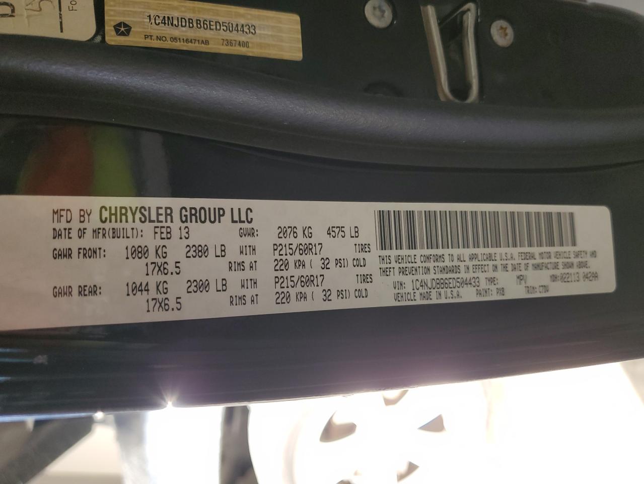 2014 Jeep Compass Sport VIN: 1C4NJDBB6ED504433 Lot: 86269735