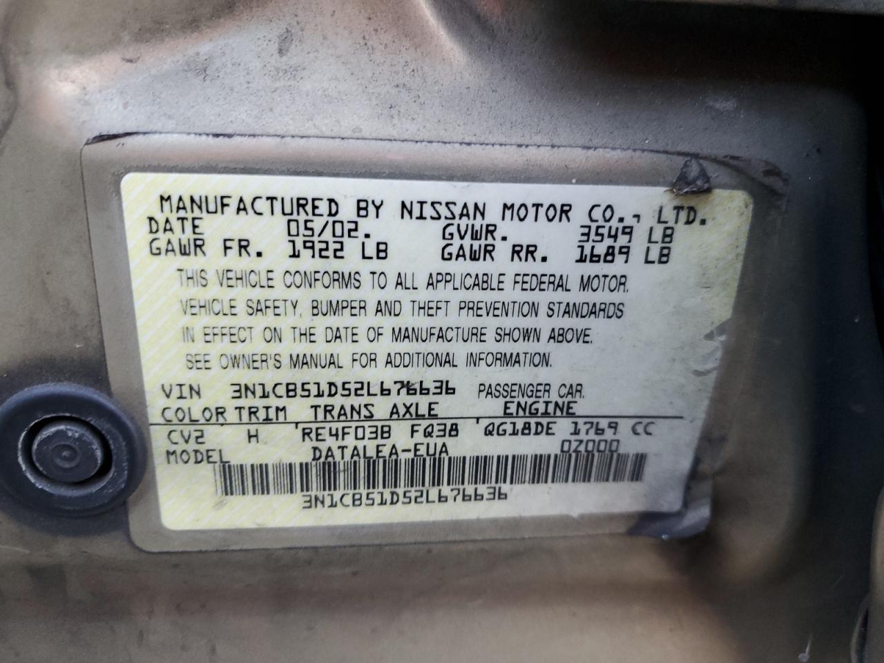 2002 Nissan Sentra Xe VIN: 3N1CB51D52L676636 Lot: 87164635