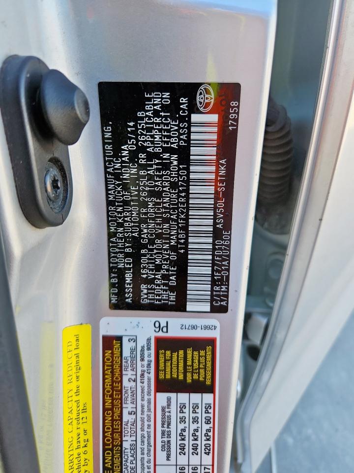 2014 Toyota Camry L VIN: 4T4BF1FK2ER417501 Lot: 85906015