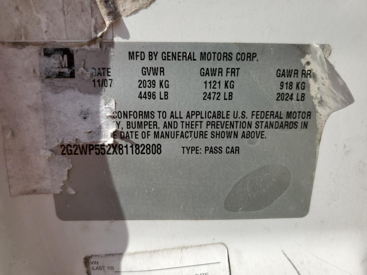 2008 Pontiac Grand Prix VIN: 2G2WP552X81182808 Lot: 87425525