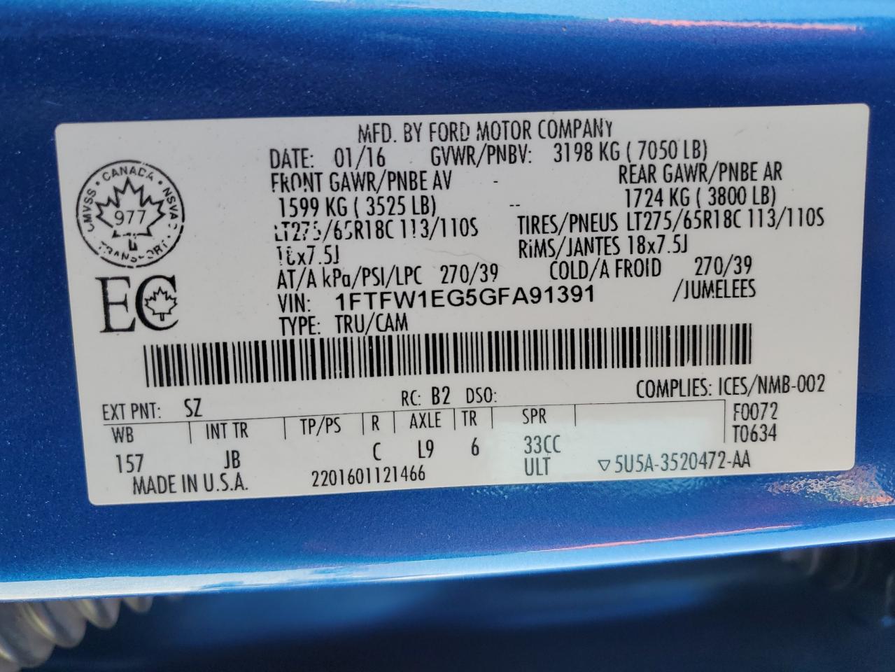 2016 Ford F150 Supercrew VIN: 1FTFW1EG5GFA91391 Lot: 82276175