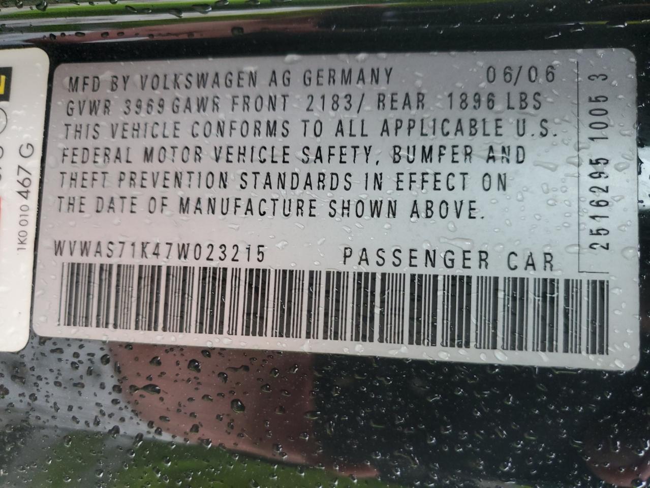 2007 Volkswagen Rabbit VIN: WVWAS71K47W023215 Lot: 86135815