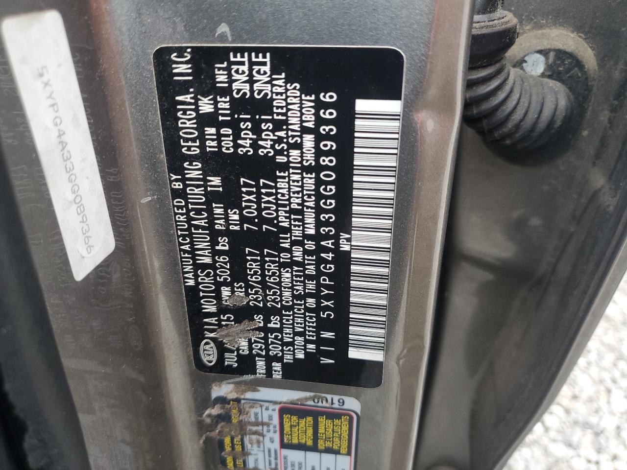 2016 Kia Sorento Lx VIN: 5XYPG4A33GG089366 Lot: 85702465