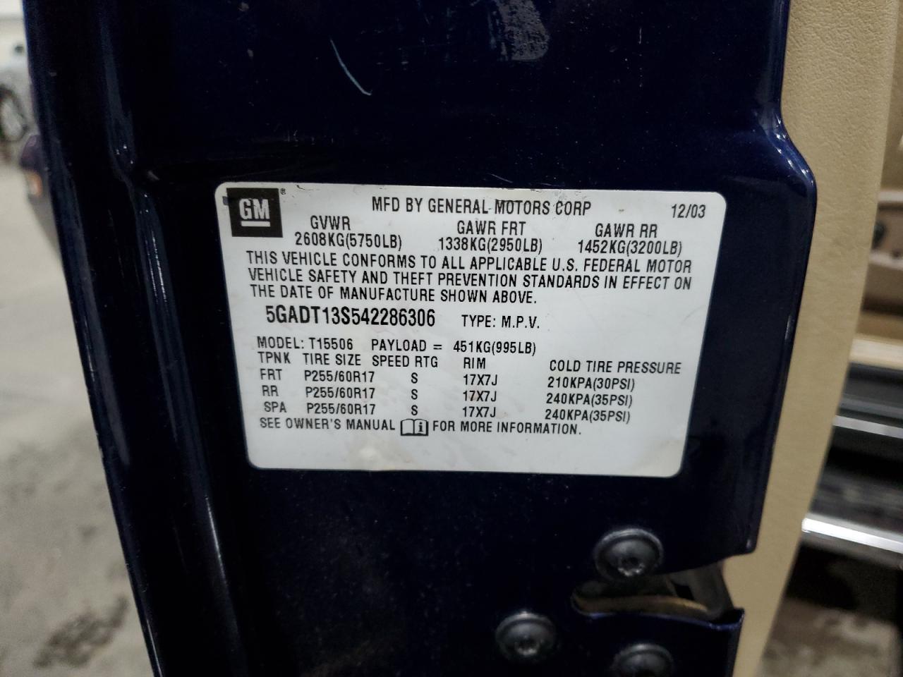 2004 Buick Rainier Cxl VIN: 5GADT13S542286306 Lot: 85282585