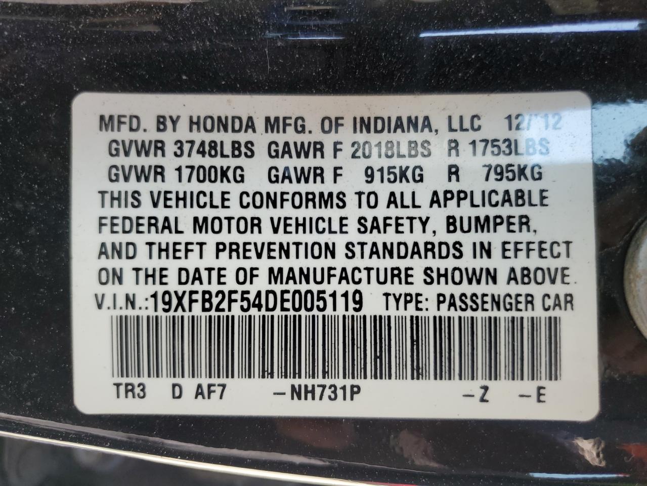 2013 Honda Civic Lx VIN: 19XFB2F54DE005119 Lot: 85094755