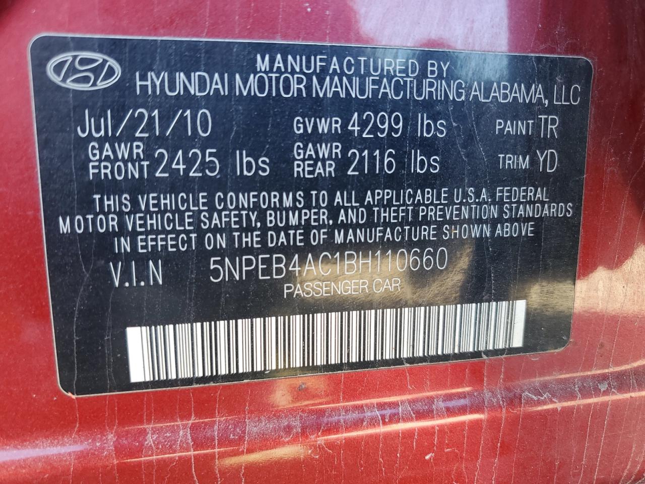 2011 Hyundai Sonata Gls VIN: 5NPEB4AC1BH110660 Lot: 87018695