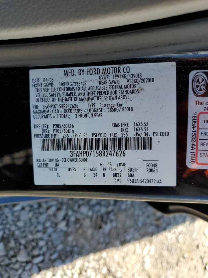 2008 Ford Fusion Se VIN: 3FAHP07158R247626 Lot: 82021365