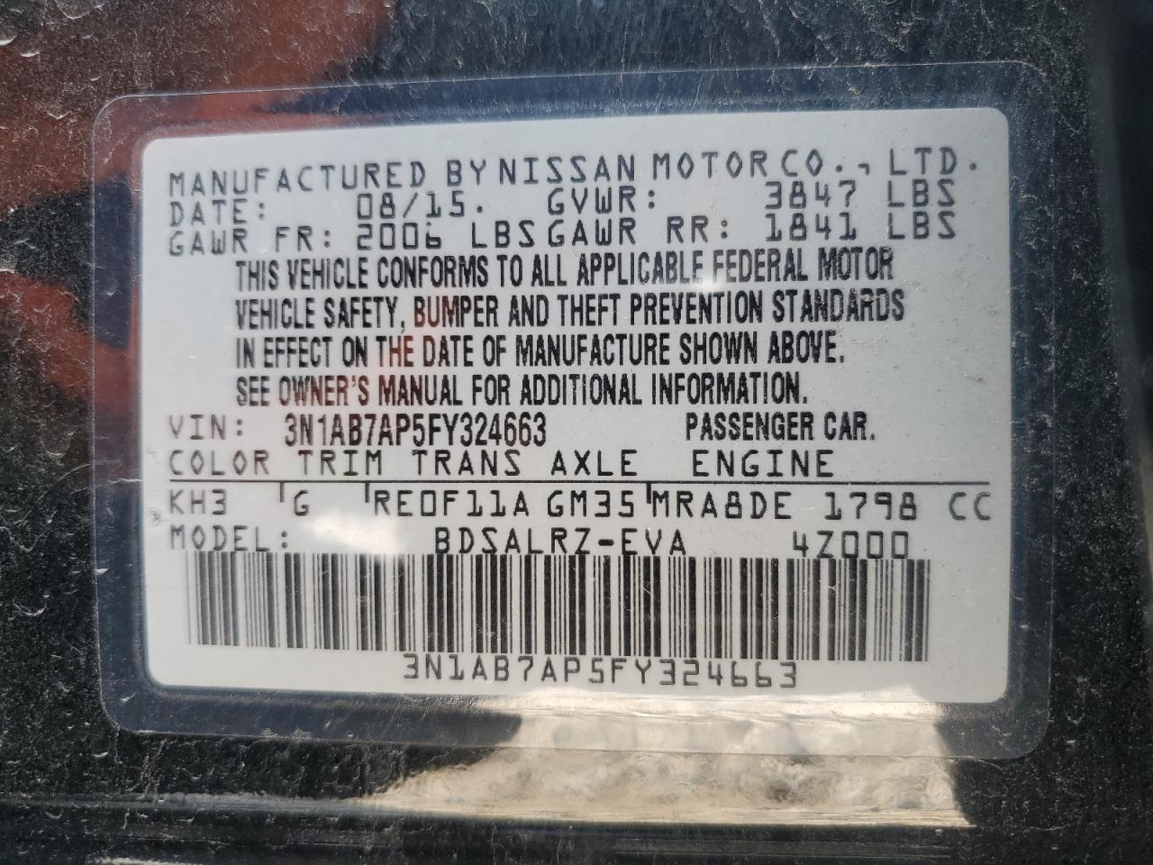 2015 Nissan Sentra S VIN: 3N1AB7AP5FY324663 Lot: 89893265